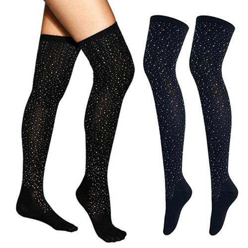 Womens Cotton Stripe Tube Over Knee Thigh High Stockings Shiny Black