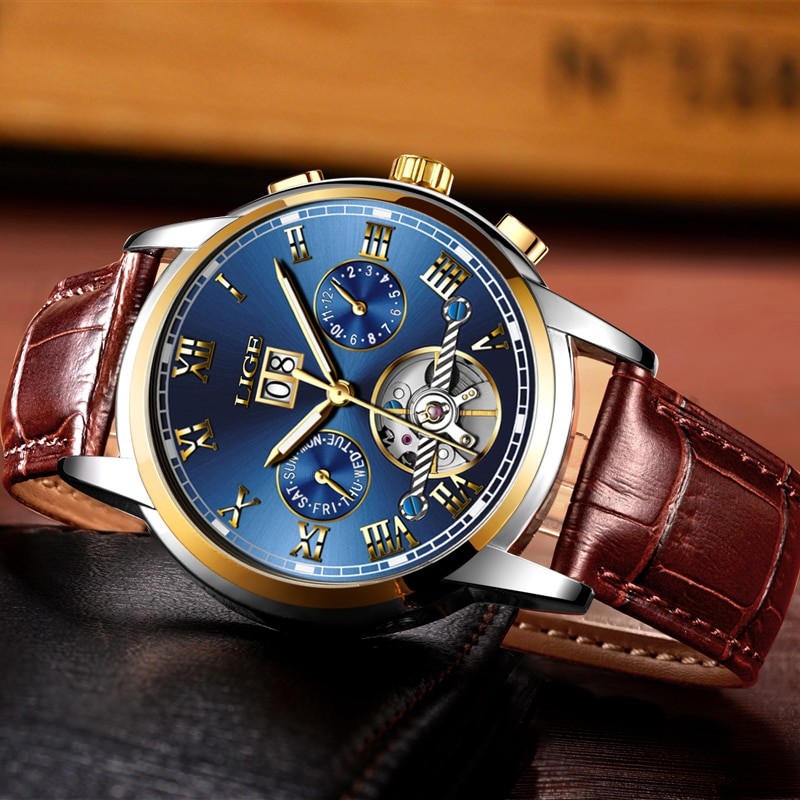 Men's Watch FNGEEN Fashion Luxury Quartz Watch, Men's Sports Waterproof Watch (Brown)