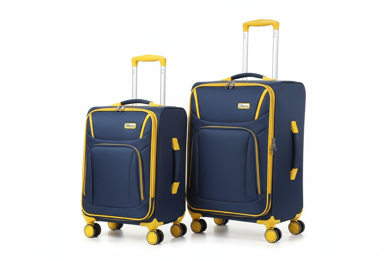 2pc Dfavors Navy Blue Soft-Shell Trolley Suitcase Set – Small & Medium – Yellow Accents