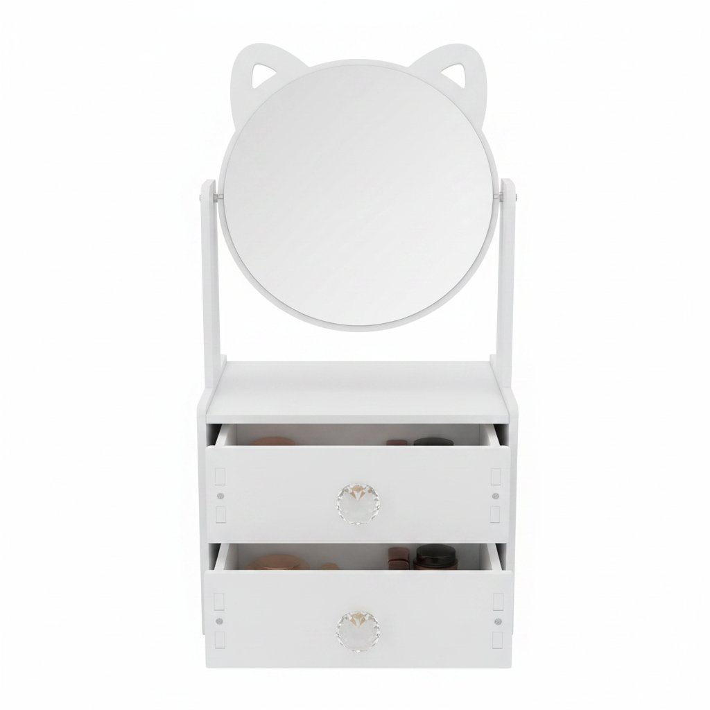 Cat Ear Vanity Mirror with Makeup Organiser & 2 Drawers — White