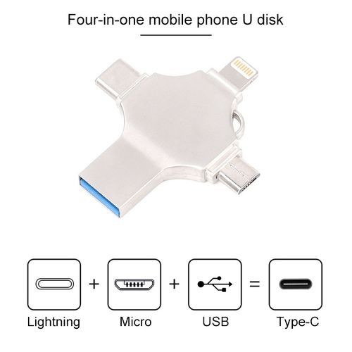 Cross 4 in 1 128GB 8 Pin + Micro USB + USB-C / Type-C + USB 3.0 Metal Flash Disk(Silver)