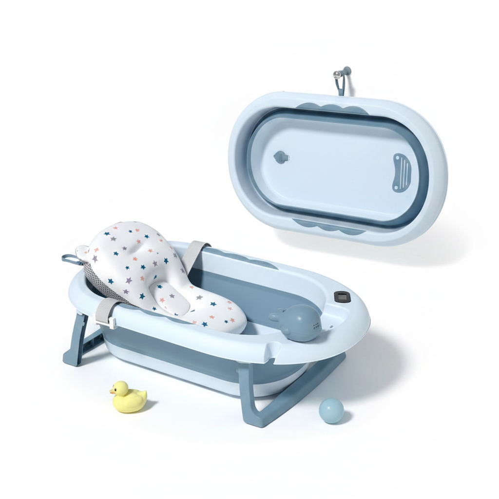 Foldable Baby Bath Tub with Temperature Sensor & Cushion Insert — Blue
