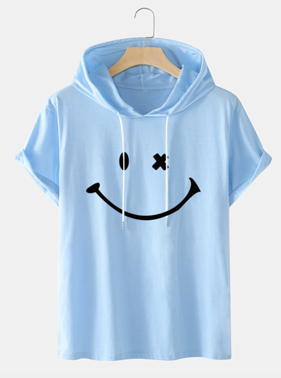 Mens Smile Pattern Short Sleeve Preppy Hooded T-Shirt