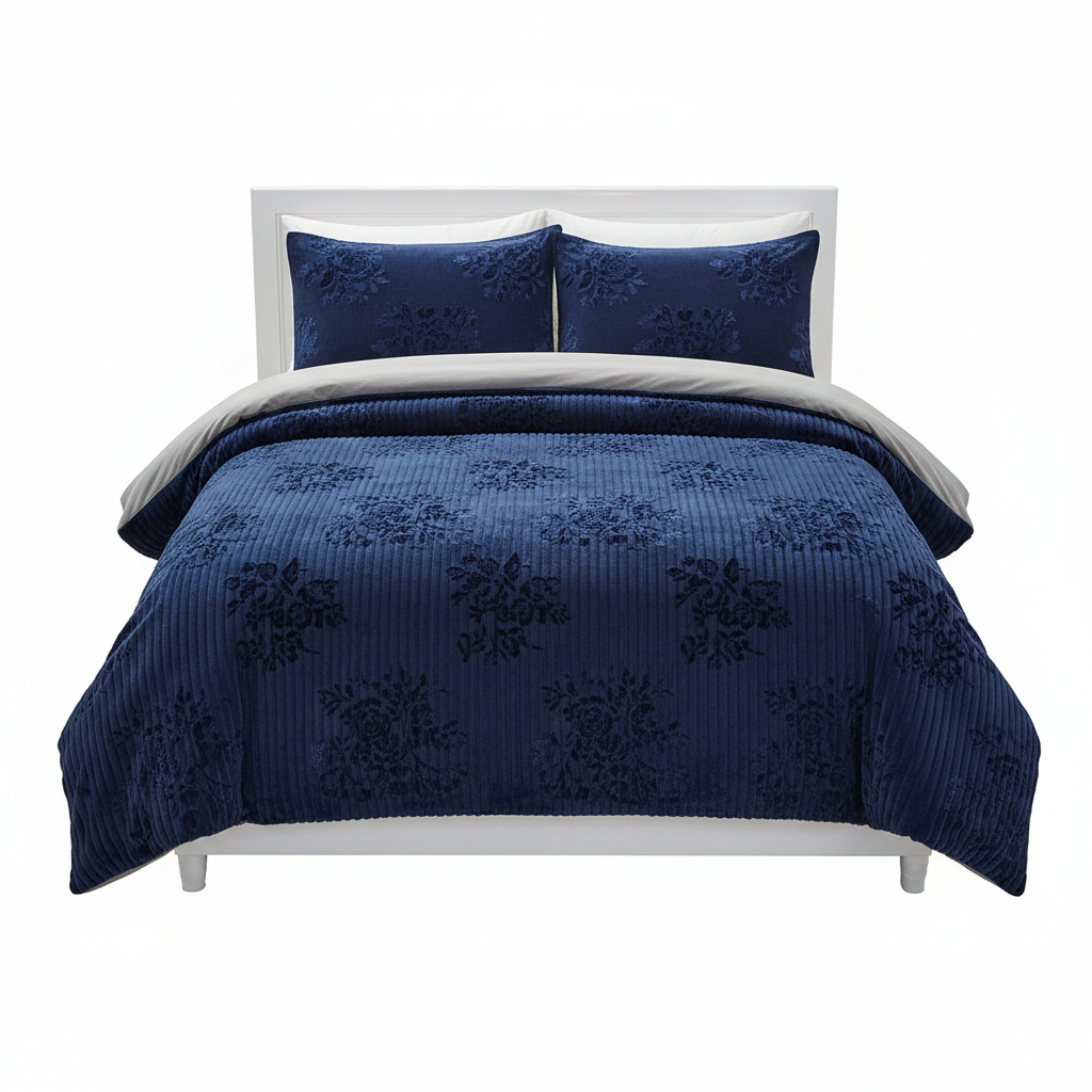 Dark Navy Embossed Velvet 4pc Duvet Set – 5x6