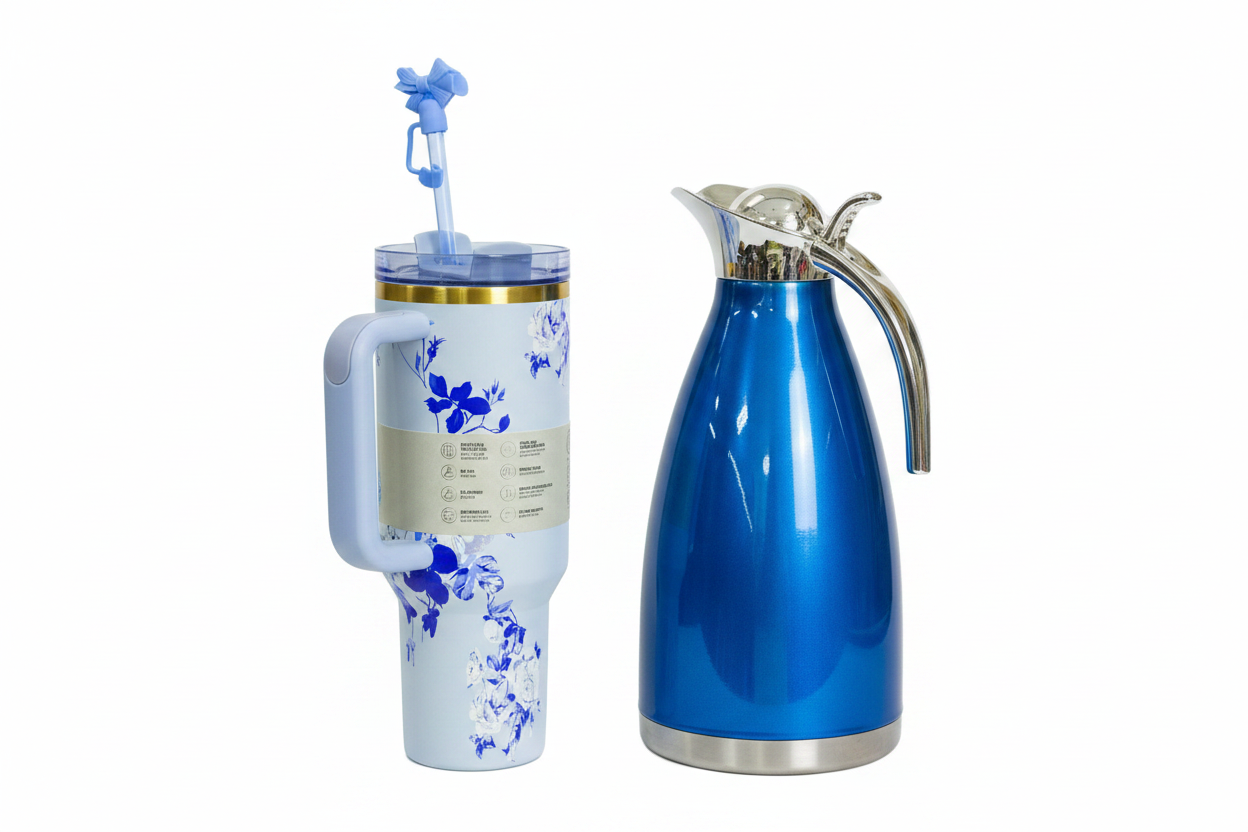 Stanley Cup & Stainless Steel Flask Combo – Blue Floral | Tumbler with Straw + Vacuum Flask