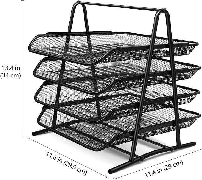 4 Tier Folder Organizer - Metal Mesh Tabletop Desk Organizer Tray for File, Documents, Mail, Letter, Paper (Black)