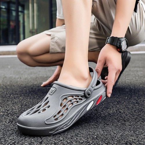 Male Crocs Outside Slides Pool Beach Sandals Casual Hollow Flip-flop Cushion Insole Gray