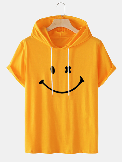 Mens Smile Pattern Short Sleeve Preppy Hooded T-Shirt