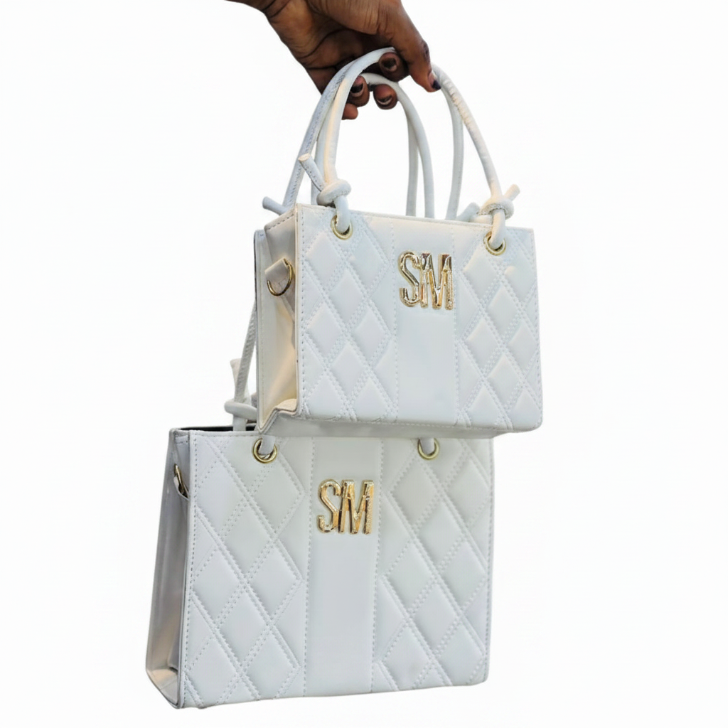 SM Quilted Tote Bag | 2-Piece Set (Small + Large) | Gold Logo | Knotted Handles - White
