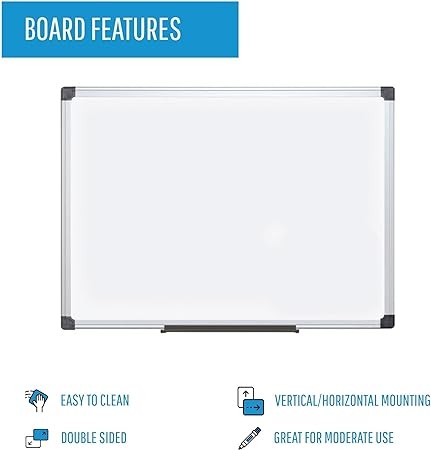 MasterVision Maya Series Double Sided Melamine Dry Erase White Board with Snap-On Marker Tray, 18" x 24", Aluminum Frame