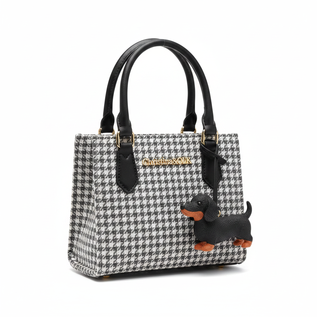 Christina&OLK Houndstooth Mini Tote | 3D Dachshund Detail | Gold Logo | Leather Handles - Grey