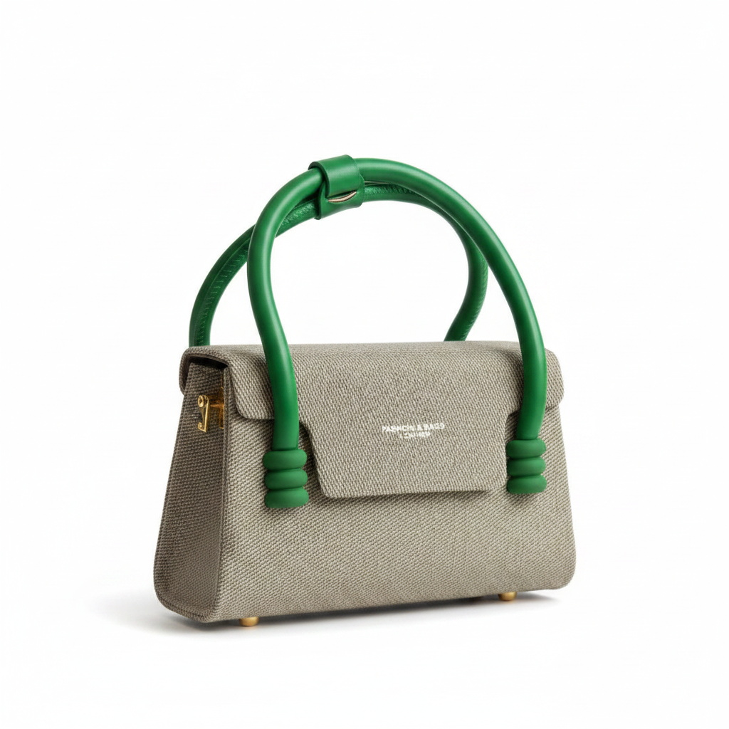 Fashion & Bags Leather Mini Top Handle Bag | Arch Handle | Beige Tweed | Green Handle | Gold Hardware | Women