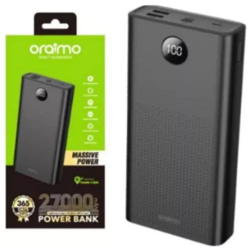 Oraimo Fast-Charging 20,000mAh Power Bank, Ultra-Slim - Smart LED Display, Multiple Device Compatibility.