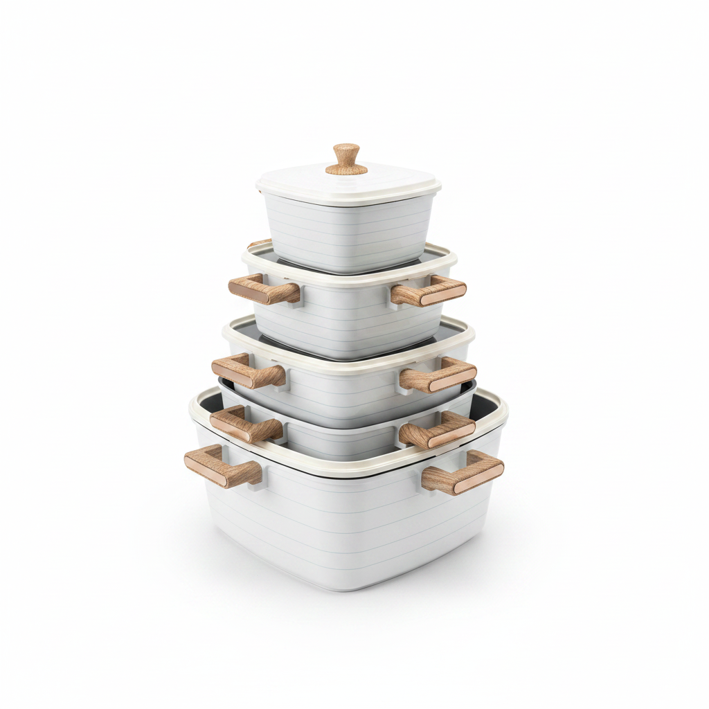 Premium White Square Non-Stick Cookware Set with Wood-Effect Handles
