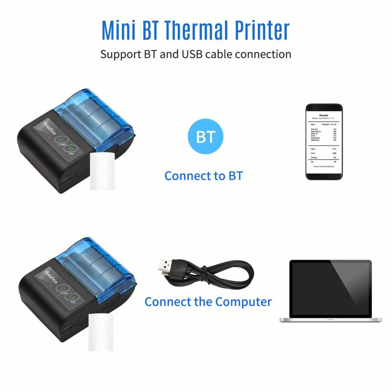 Portable Mini Thermal Printer 2 inch Wireless USB Receipt Bill Ticket Printer with 58mm Print Paper for Restaurant