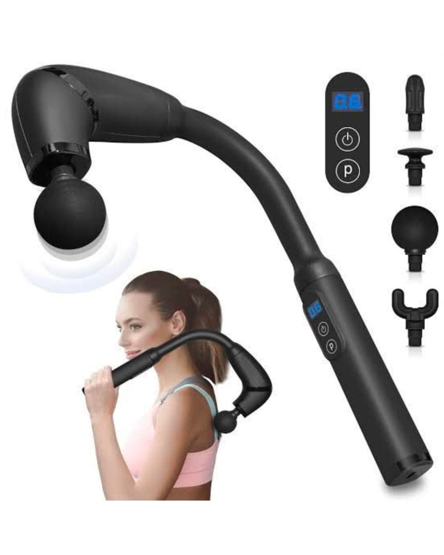 Deep Tissue Handheld Massage Gun with Curved Handles – 4 Heads, 5 Speeds, Portable Back & Full-Body Massager
