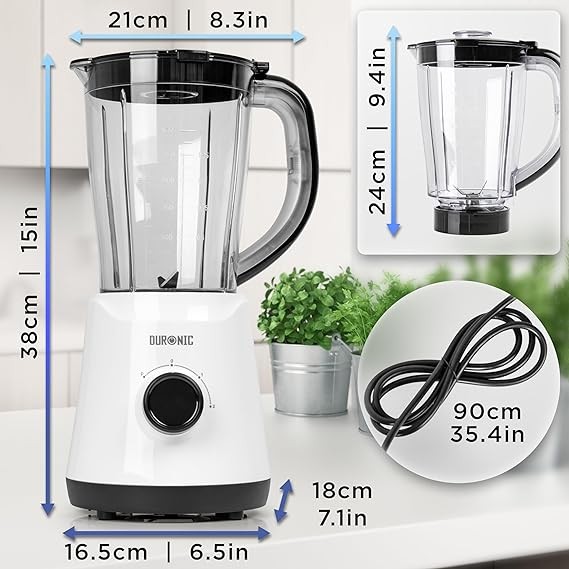 Duronic Jug Blender BL015 with 1.5L Plastic Jug, 2 Speeds, 1 Pulse Setting, Removable Blades and 500W Motor- Perfect for Smoothies, Baby food and Soups