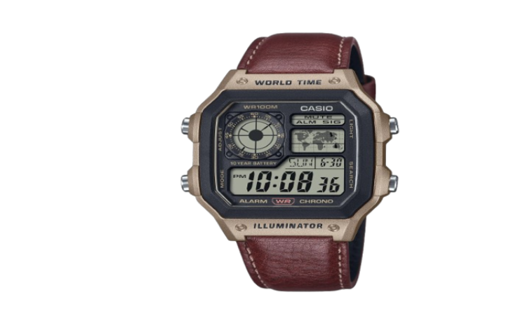 Casio World Time Illuminator Digital Watch - Brown Leather