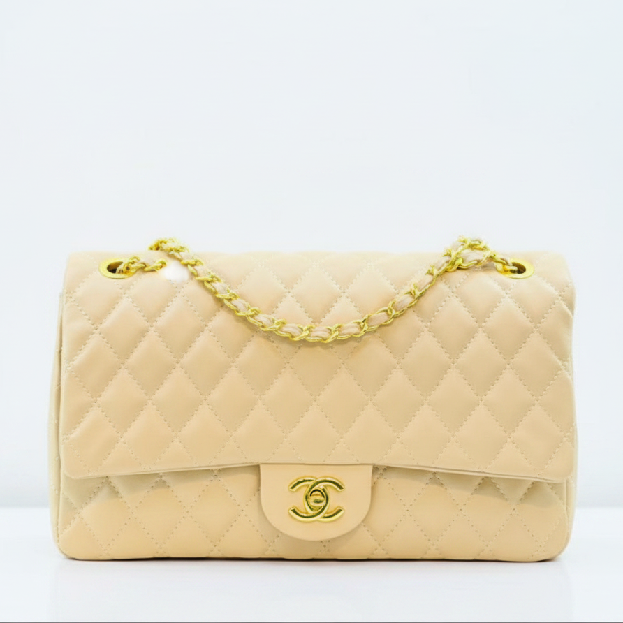 Beige Channel Big Size Double Flap Quilted Bag