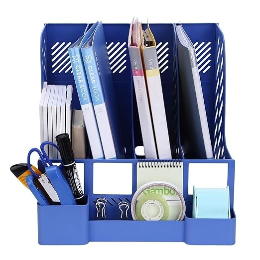 Bestow 4 Compartment Plastic File Organizer with Pen Holder for Home and Office File Organizer Blue