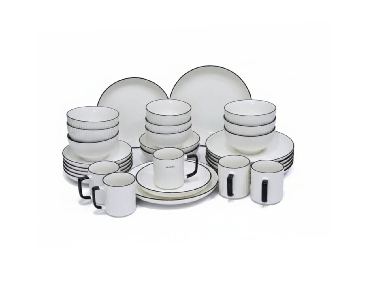 24-Piece Ceramic Dinner Set — White with Black Trim