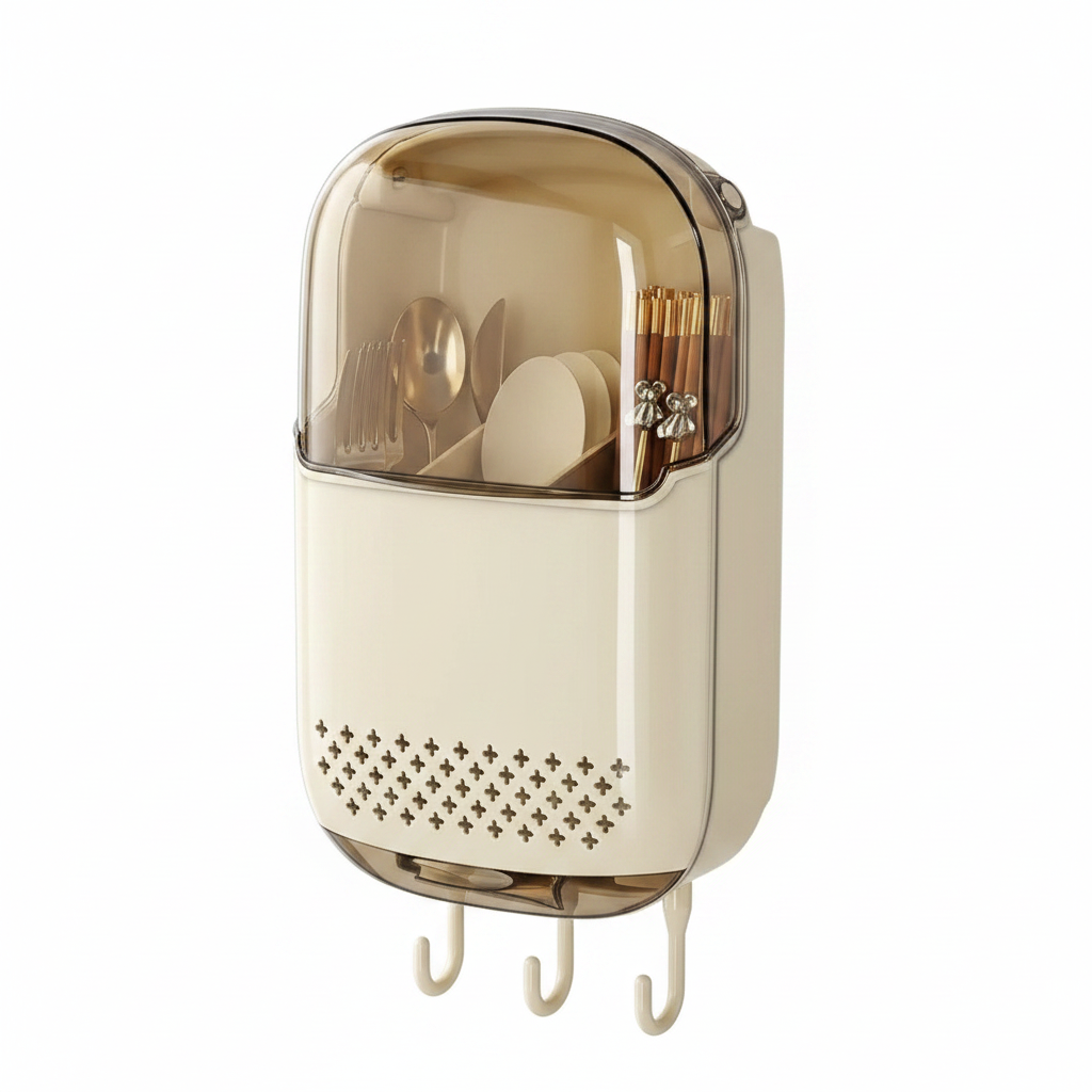 Wall-Mounted Cutlery & Utensil Organiser with Flip Lid & Hooks — Cream