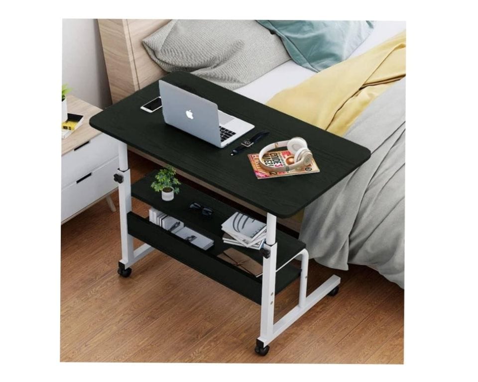 Adjustable laptop desk with 2 Shelves with wheels-Black