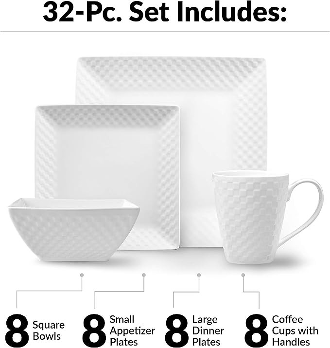 Elegant White Square Dinnerware Set: 32-Piece Collection