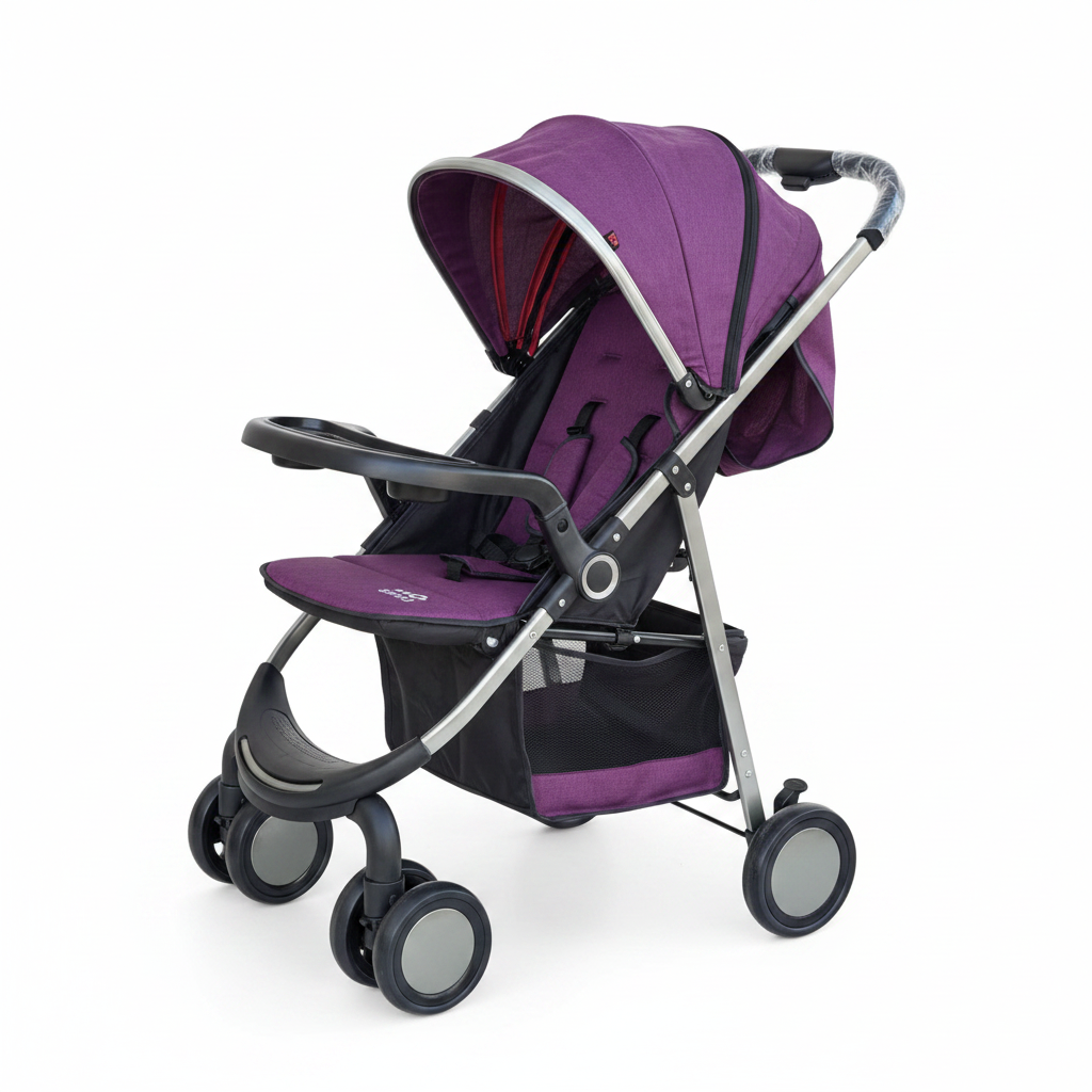 Baby Stroller with Canopy, Front Tray & Storage Basket — Purple