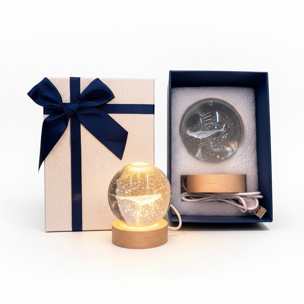 Crystal Ball Galaxy Night Light Table Lamp - USB Wooden Base Gift Set