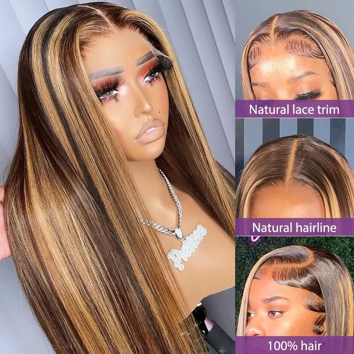 Brazilian Silky Straight Honey Blonde Highlight 13x4 HD Lace Front Human Hair Wigs