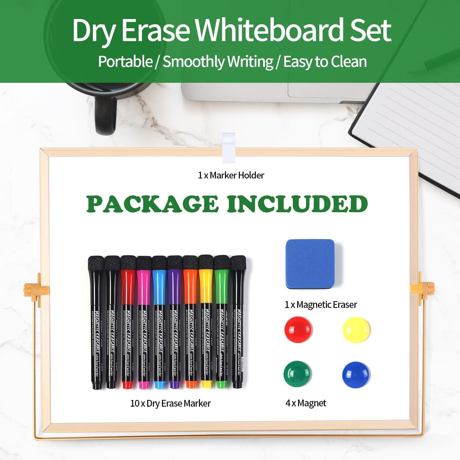 Dry Erase White Board - 12''x16'' Magnetic Large Desktop Whiteboard with Stand, Portable Double-Sided White Board with 10 Markers, 4 Magnets, 1 Eraser, for Drawing/Memo/to Do List/Desk/School (Gold)