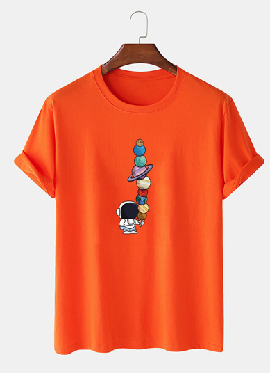 Mens 100% Cotton Solid Color Cartoon Astronaut Print Loose Thin T-Shirts