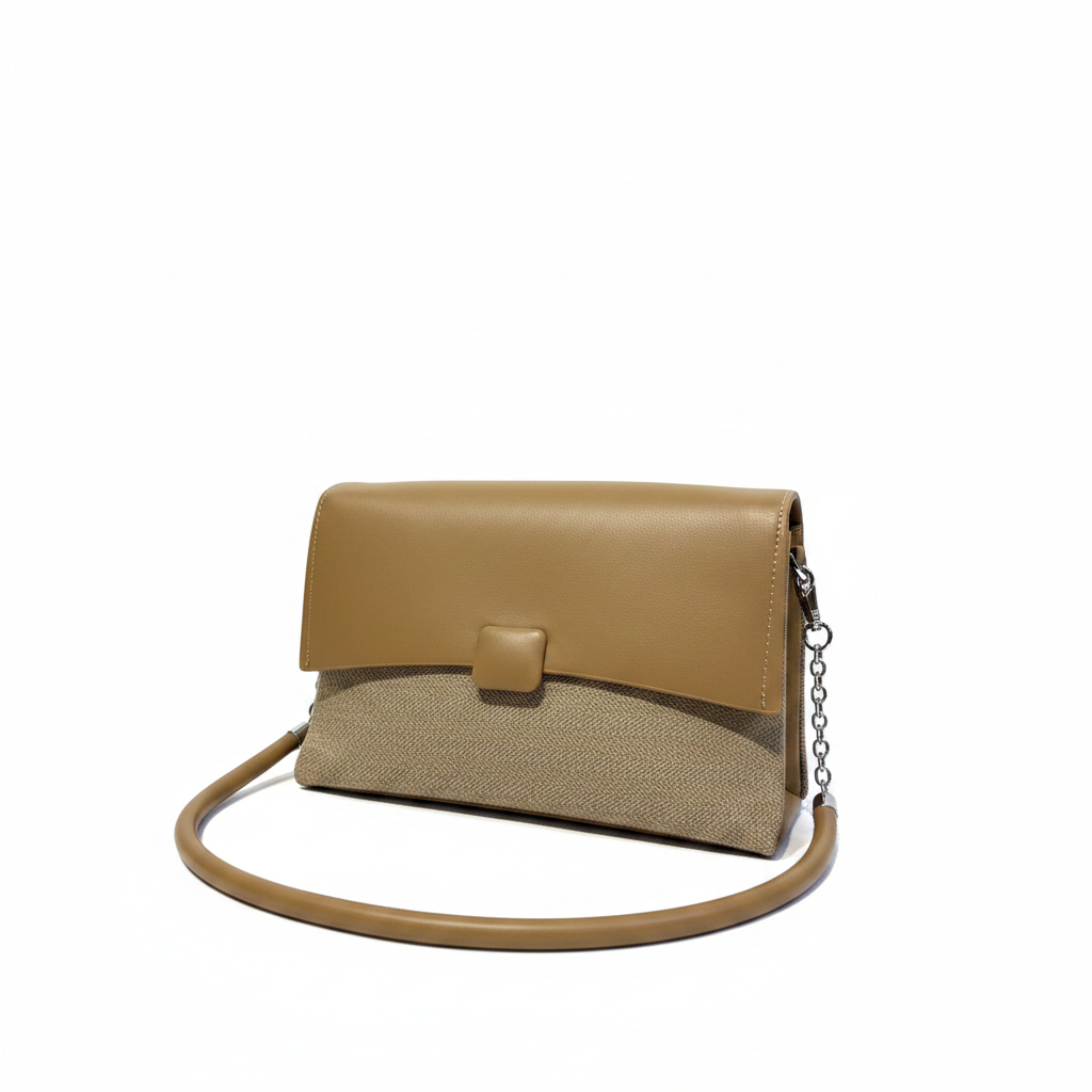 Camel Leather Flap Crossbody Bag | Soft PU Leather | Tweed Panel | Chain Detail | Women