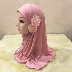 Beautiful Small Girl Hijab Scarf with Flowers Fit 2-7 Years Old Muslim Kids Pull On Islamic Scarf Shawl Headscarf Whole 50cm-pink