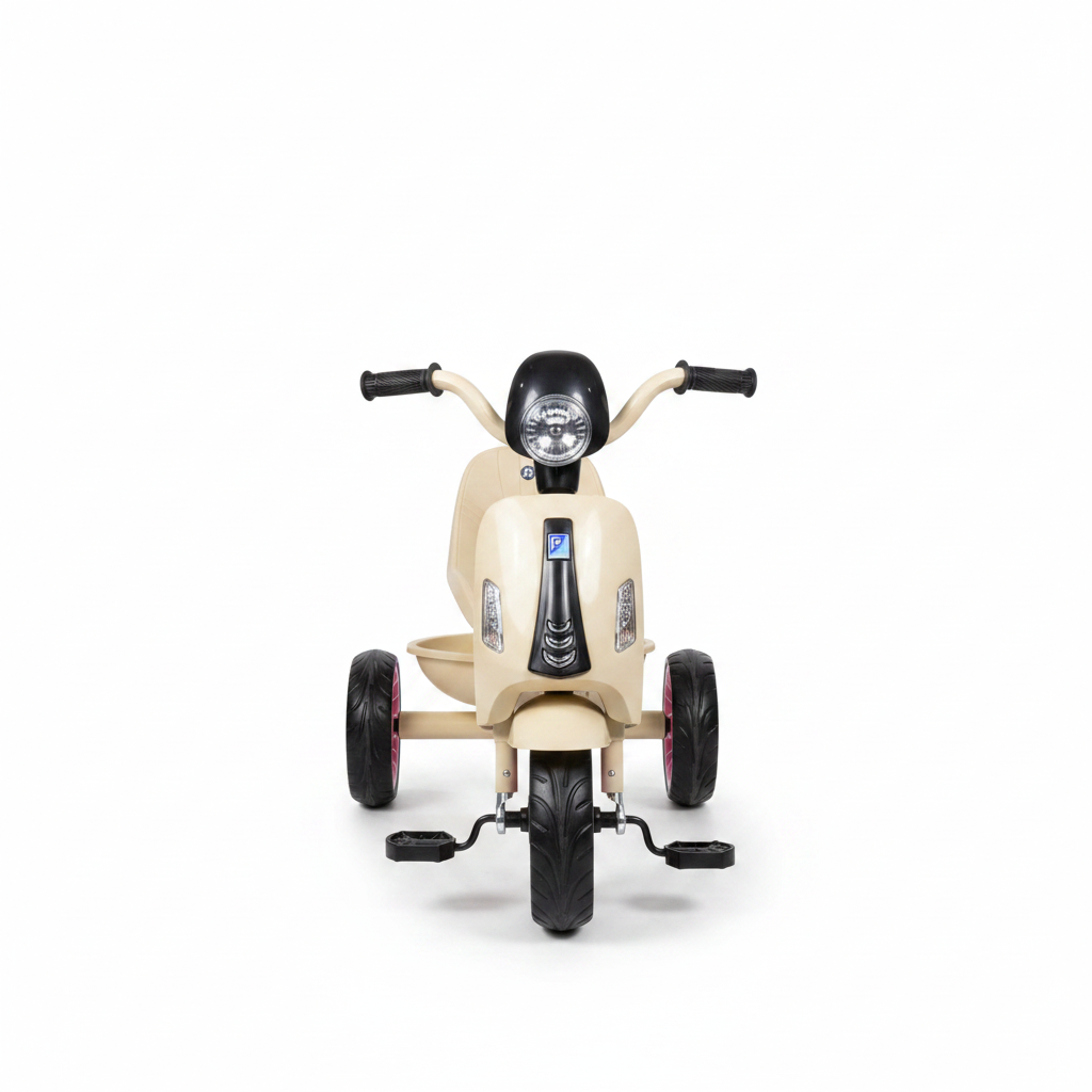 Kids Vespa-Style Scooter Tricycle | Headlight | Backrest Seat | Pedals - Cream