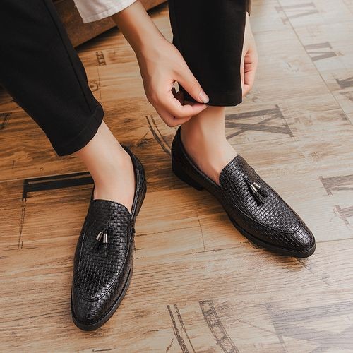 Men's Italian Loafer Oxford Bright Plaid Fringed Leather Shoes Business Black