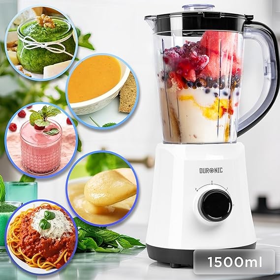 Duronic Jug Blender BL015 with 1.5L Plastic Jug, 2 Speeds, 1 Pulse Setting, Removable Blades and 500W Motor- Perfect for Smoothies, Baby food and Soups