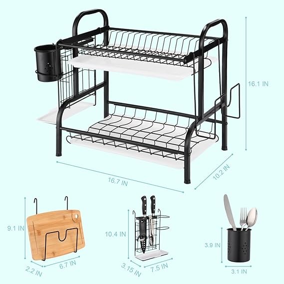 2 Tier Aluminum Plate Dish Drying Draining Rack Storage Organizer, Black.