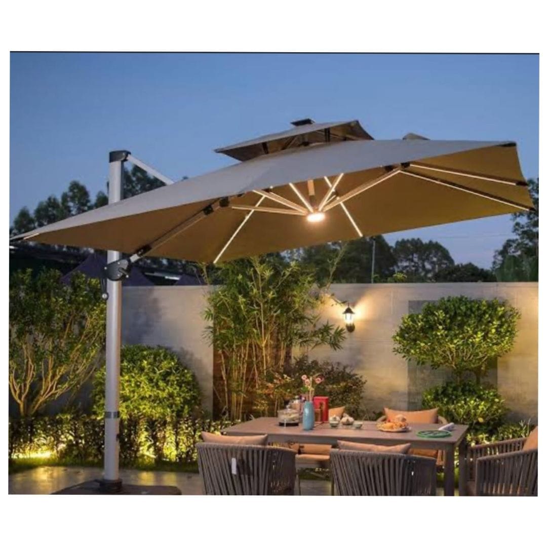 Adjustable Umbrella (canvas material) with stand, Base and solar lights