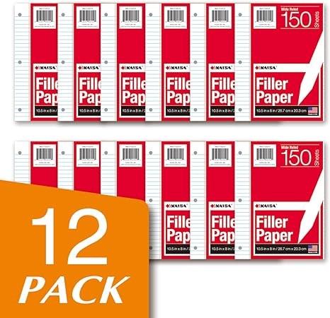 Kaisa loose Leaf Paper Filler Paper 150 Sheets 8"x10.5",Wide Ruled, 3-Hole Punched for 3-Ring Binders, Carton of 12pack