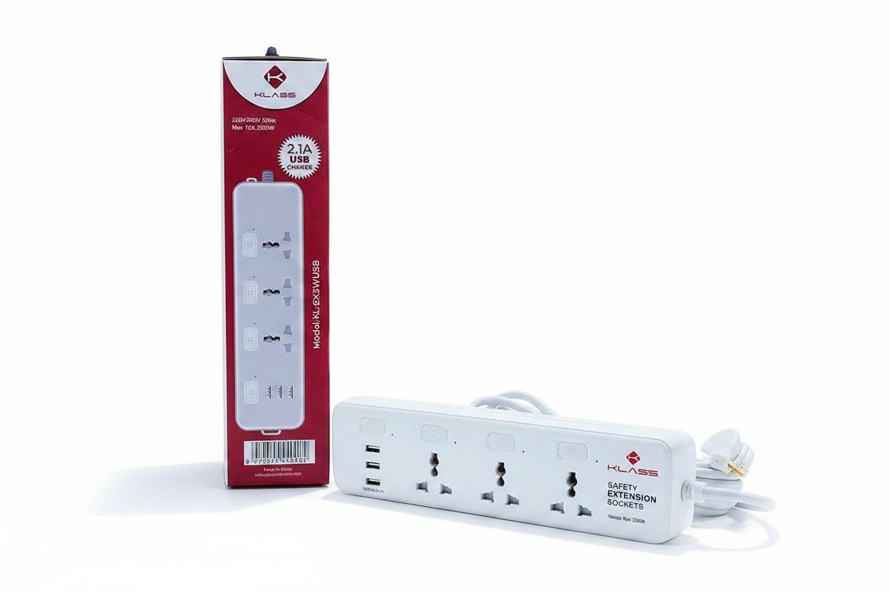 Klass KL-EX3WUSB 3-Way Safety Extension Socket with USB Charging - 2500W