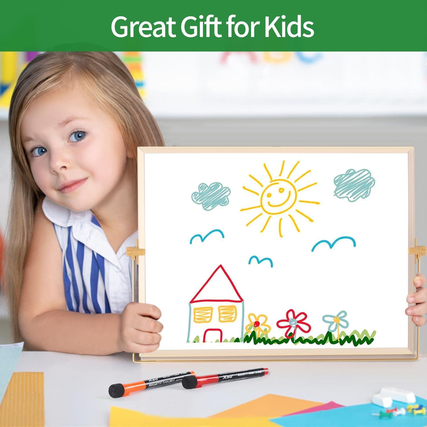 Dry Erase White Board - 12''x16'' Magnetic Large Desktop Whiteboard with Stand, Portable Double-Sided White Board with 10 Markers, 4 Magnets, 1 Eraser, for Drawing/Memo/to Do List/Desk/School (Gold)