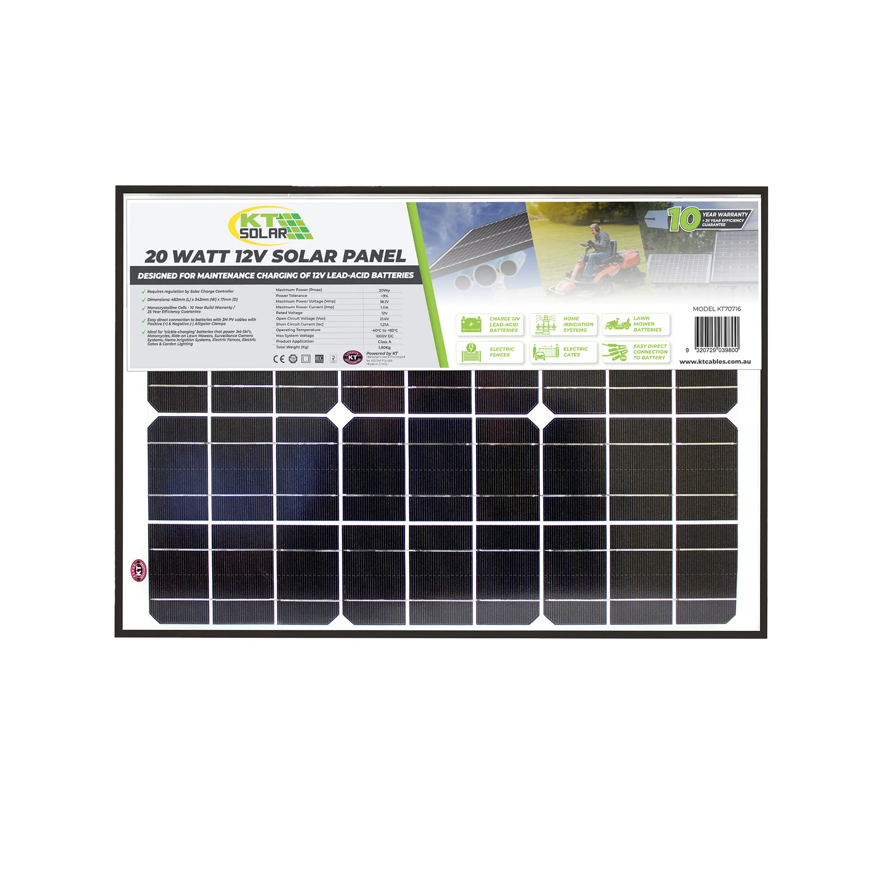 Solar Panel 20W 12V Monocrystalline - Black