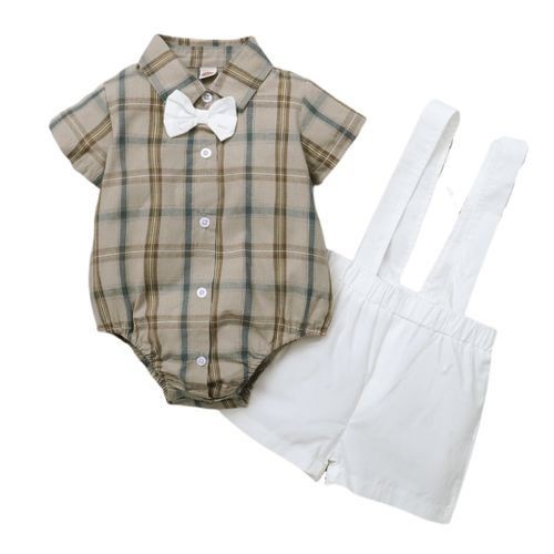 Mini Gentleman Baby Boys Retro Plaid Short Sleeves Bodysuit With Romper - Red