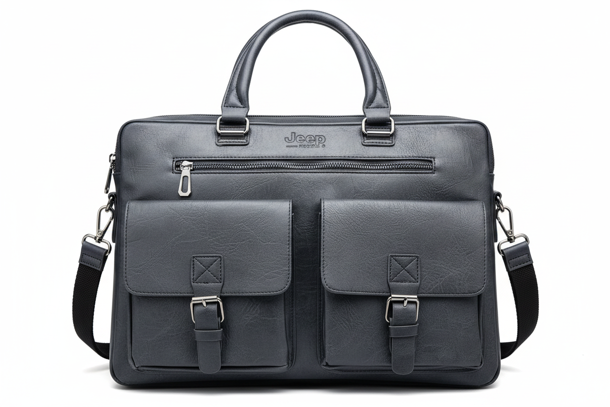 Jeep Brand Men's Grey Leather Laptop Briefcase Bag