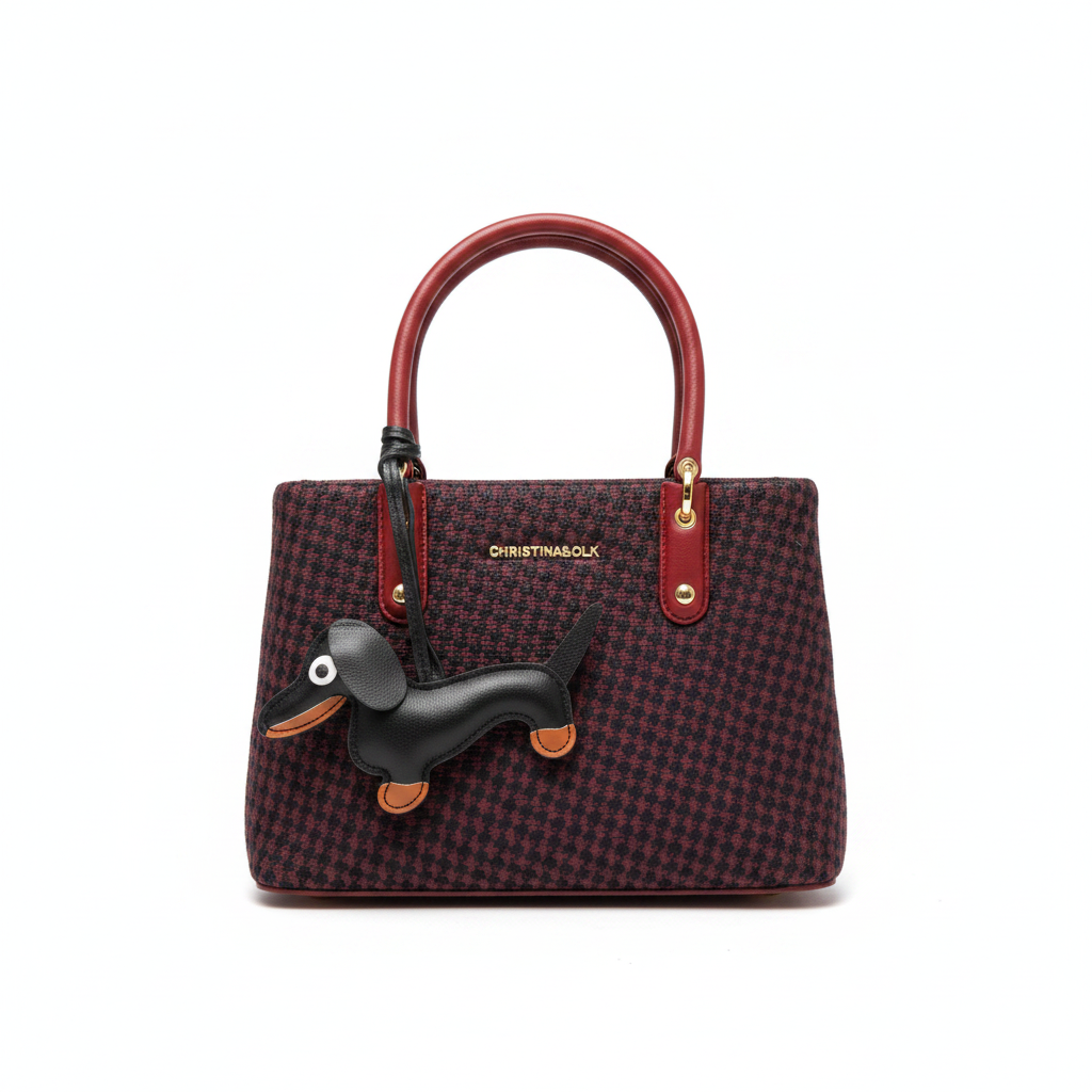 Christina&OLK Woven Houndstooth Mini Tote | Gold Logo | Leather Handles - Red