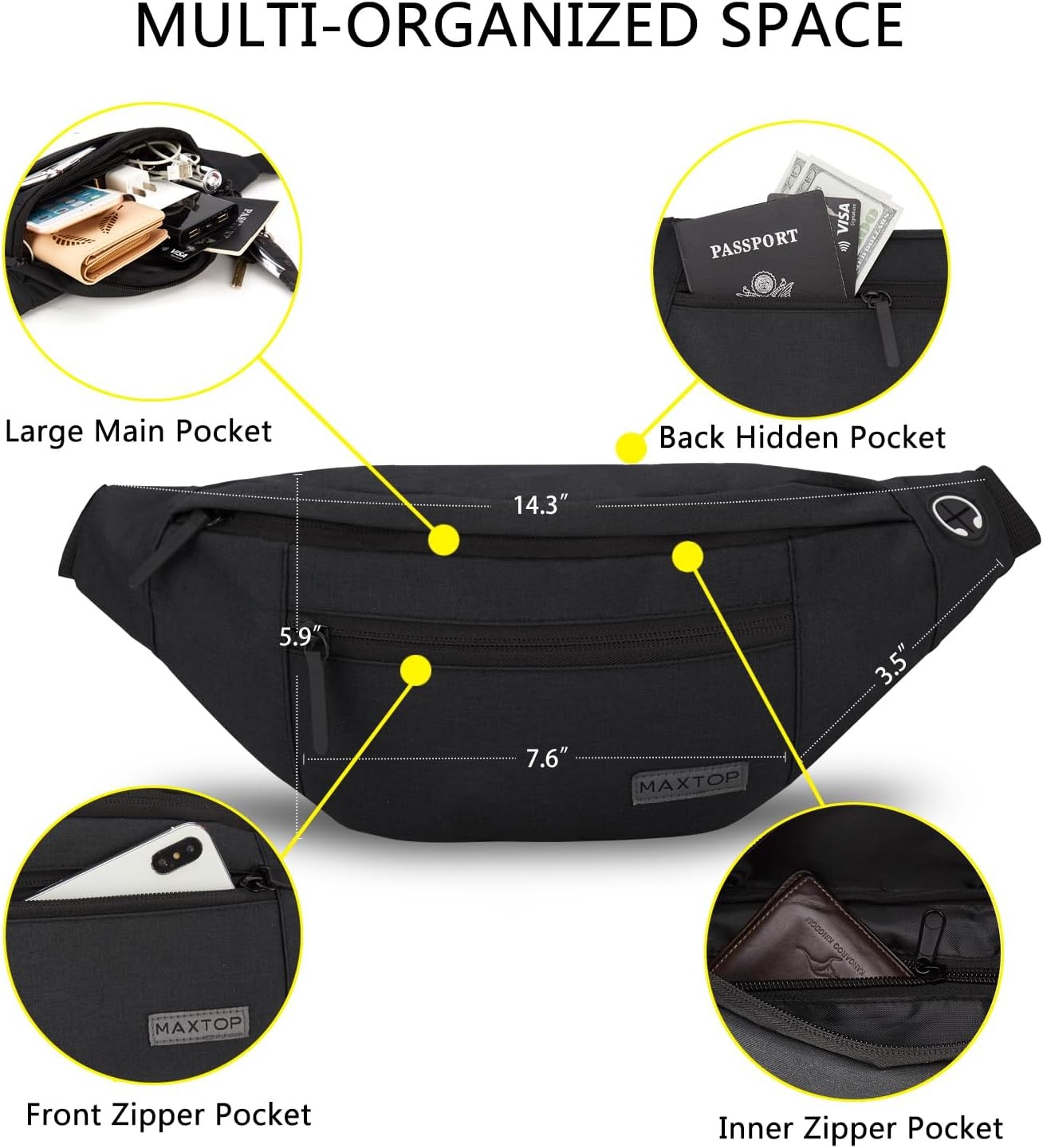 MAXTOP Large Crossbody Fanny Pack with 4-Zipper Pockets,Gifts for Enjoy Sports Festival Workout Traveling Running Casual Hands-Free Wallets Waist Pack Phone...