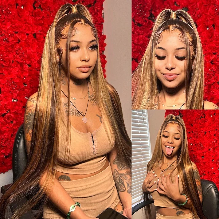 Brazilian Silky Straight Honey Blonde Highlight 13x4 HD Lace Front Human Hair Wigs