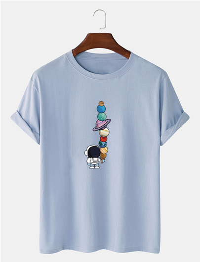 Mens 100% Cotton Solid Color Cartoon Astronaut Print Loose Thin T-Shirts